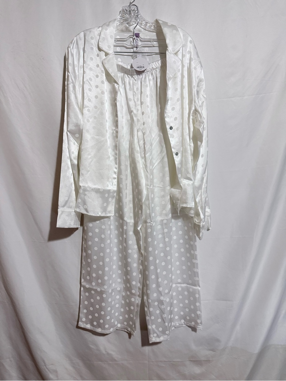 Lilac & London Women’s White Satin Polka Dot Pajama Set L Button Front Elastic
